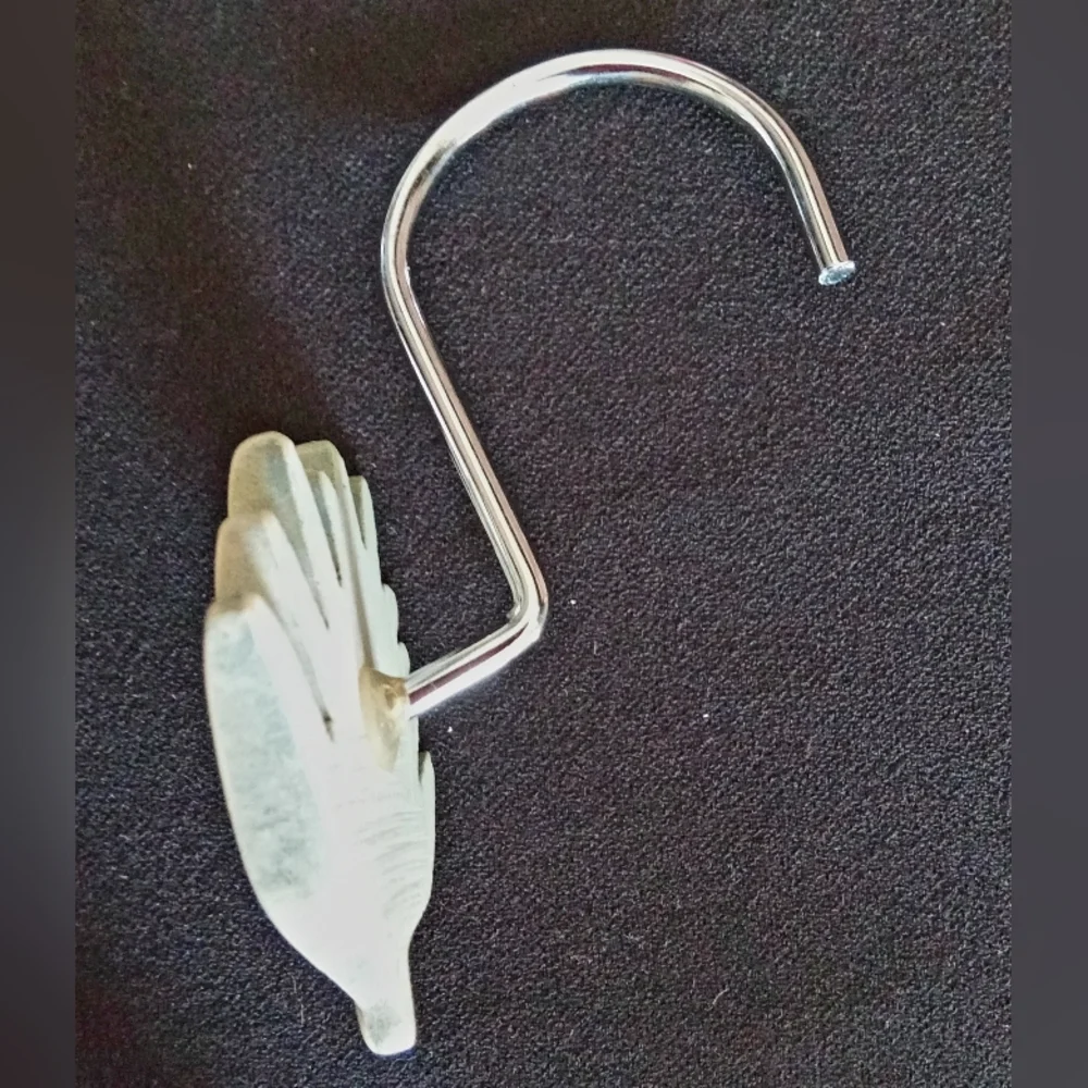 Set Shower Curtain Hooks Leaf Palm Frond Tropical Silver Green Hangers